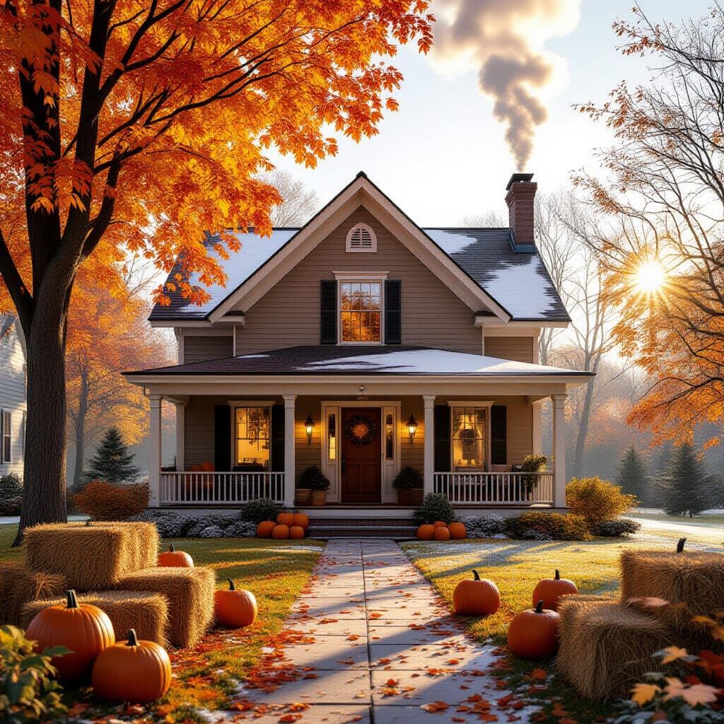 Cozy Autumn Home with Snowfall and Golden Hour Glow