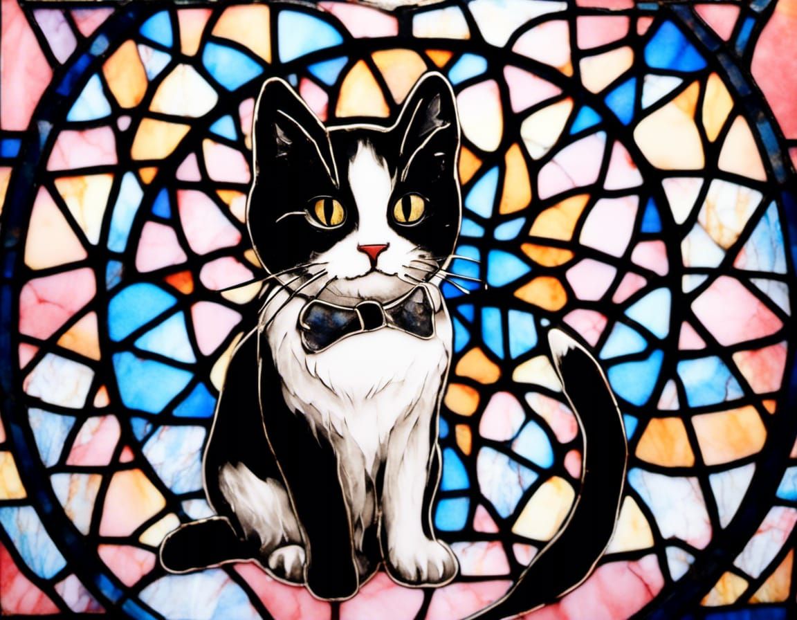 Stained Glass Tuxedo Cat Piloting a Rowboat