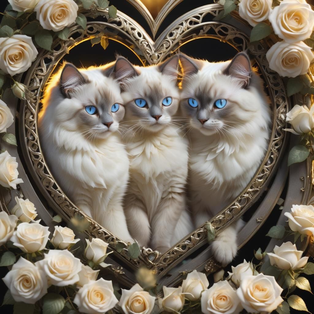 Ragdoll Cats Cuddle in Heart Frame, Romantic Realism