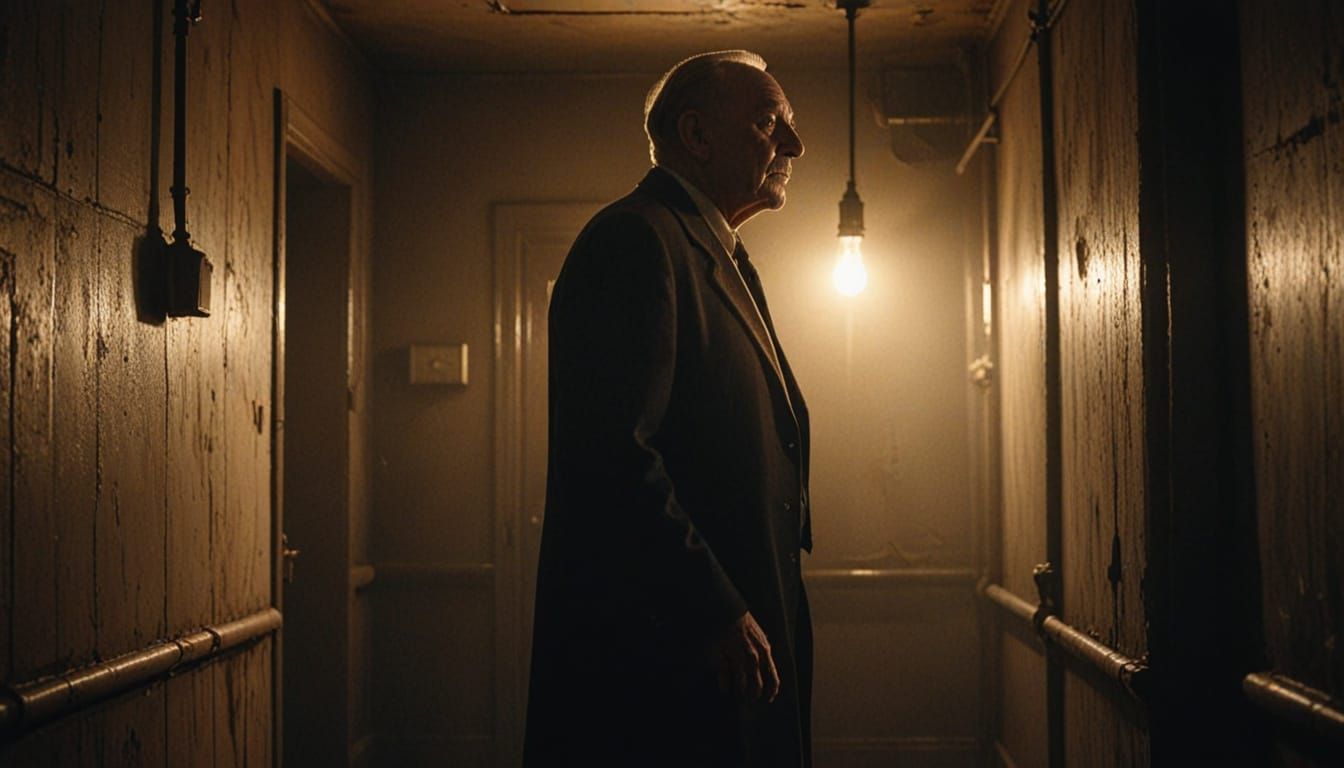 Film Noir Landlord in Dim Hallway: Digital Painting