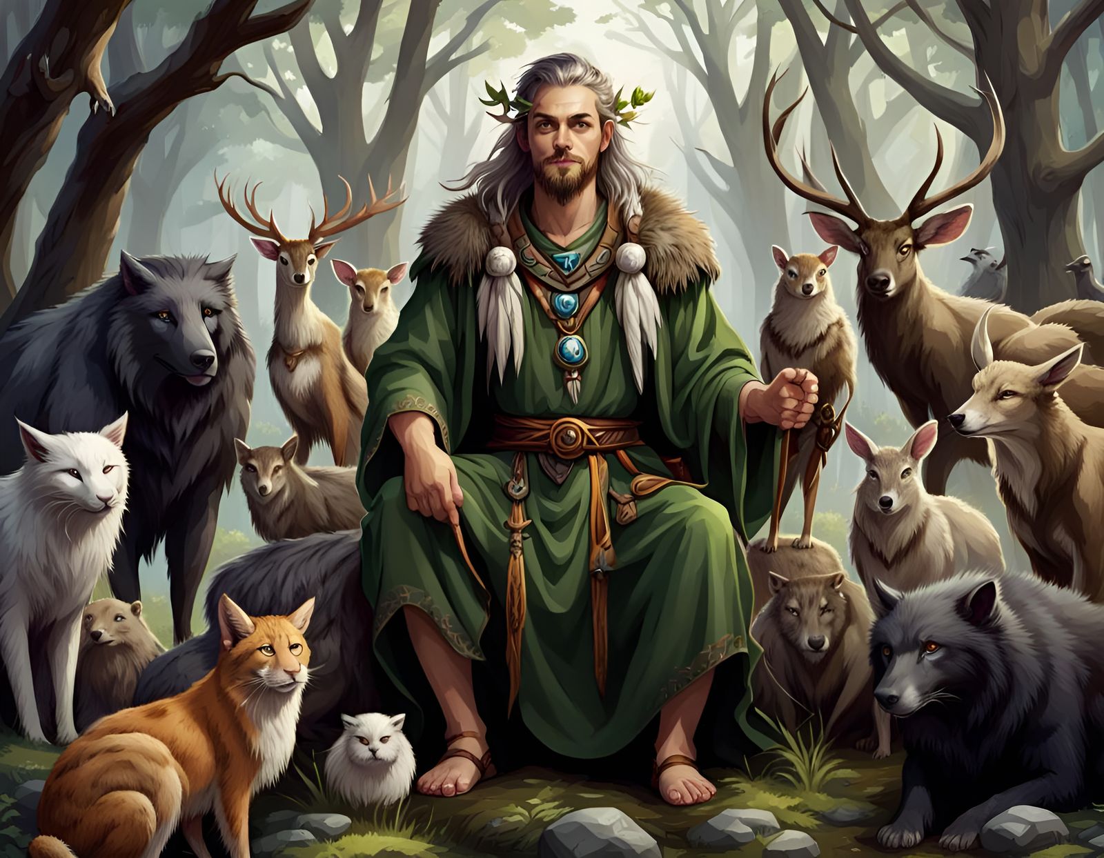 Human Druid Surrounded by Forest Animals