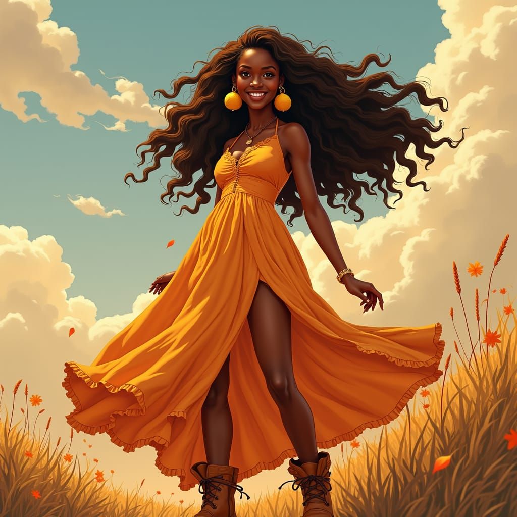 Stunning Afro-Caribbean Woman in Stylized Cartoon Oil Painti...
