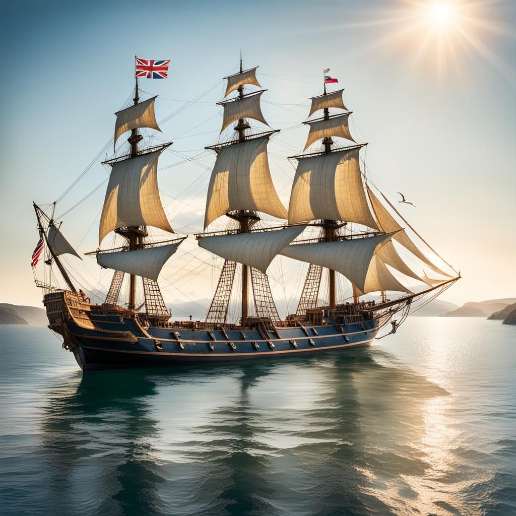 British Galleon Anchored in Serene Bay: Coastal Photography