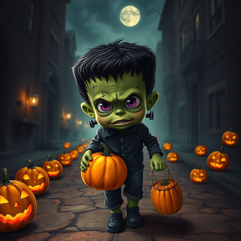 Chibi Frankenstein Toddler Trick-or-Treating on Gothic Surre...