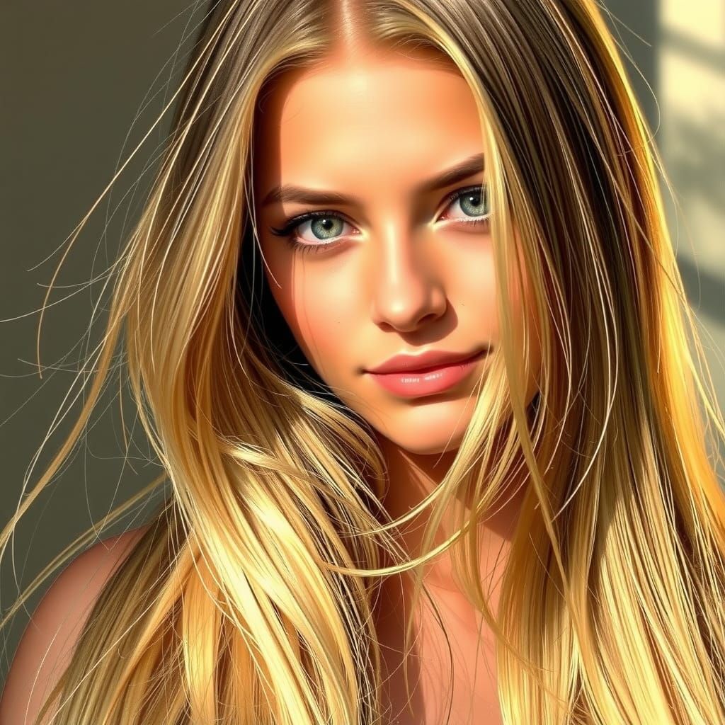A stunning young woman with long shiny blonde hair