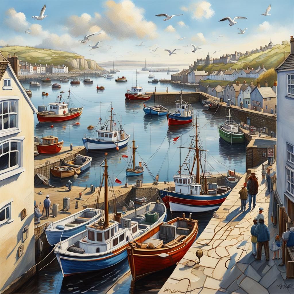 Picturesque British Seaside Harbor on a Sunny Morning