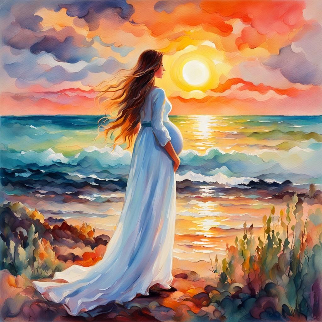 Pregnant Woman at Sunset in Gouache Style