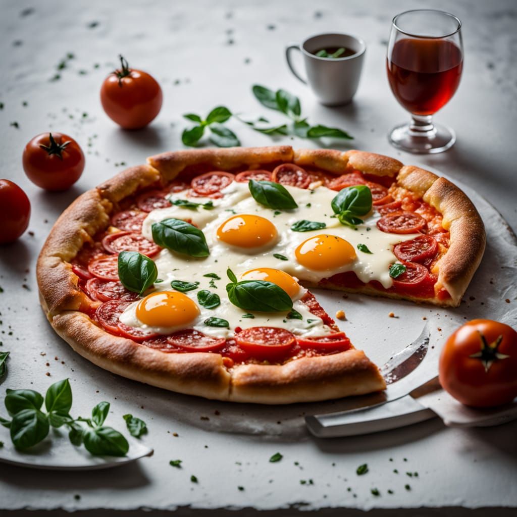 FLOTTE UNE  PIZZA GEANTE  AVEC UN OEUF QUI A DES YEUX RIGOLO  ET UNE BOUCHE AU MILIEU, Dans un univers surréaliste, avec...