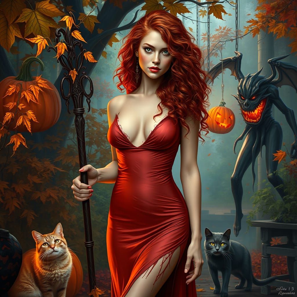 Sensual Ginger Woman in Autumn Garden with Vengeful Spirit