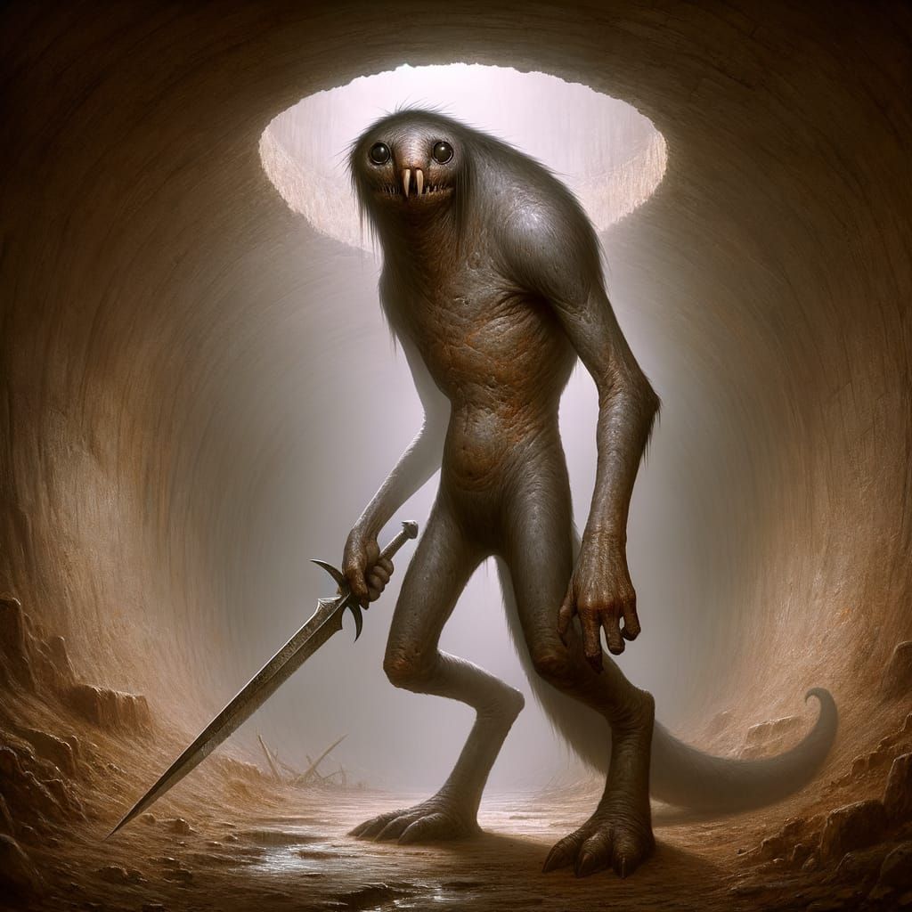 Goblin-Mole Hybrid Monster in Dimly Lit Tunnel