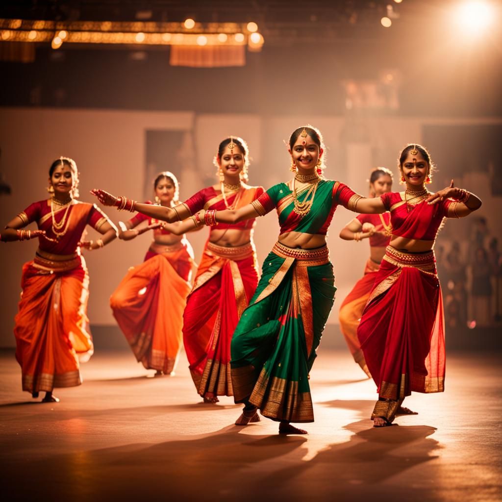 Indian women performing Bharatanatyam dance, one of the many traditional dances of India.