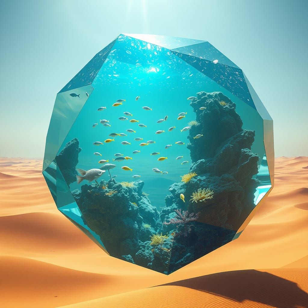 Crystal Aquarium Above Sahara Dunes in Dystopian Style