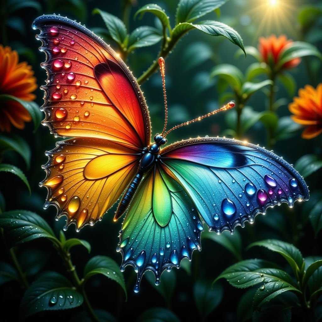 Vibrant Rainbow Butterfly After Rain in Macro Detail