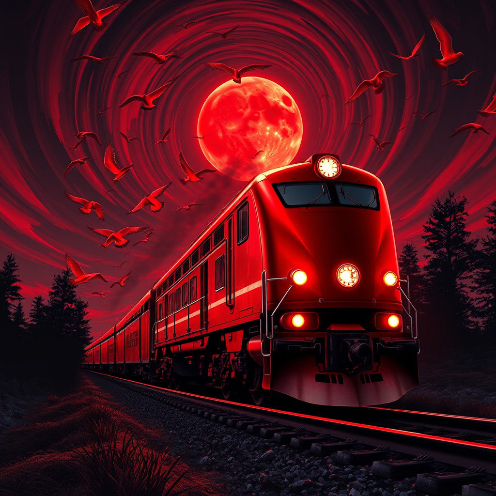 Red Train at Night in Hyperrealistic Style