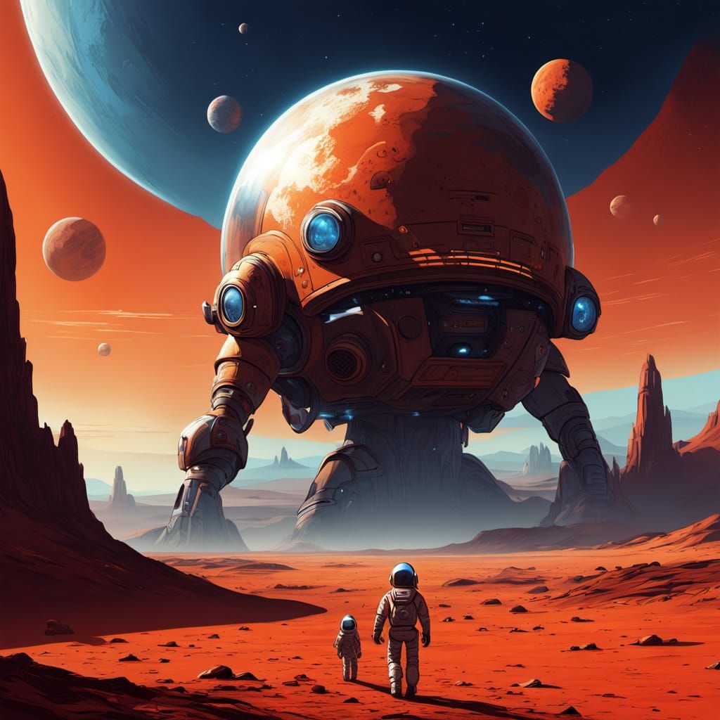 Children Playing on Mars in Spacesuits Oil Painting