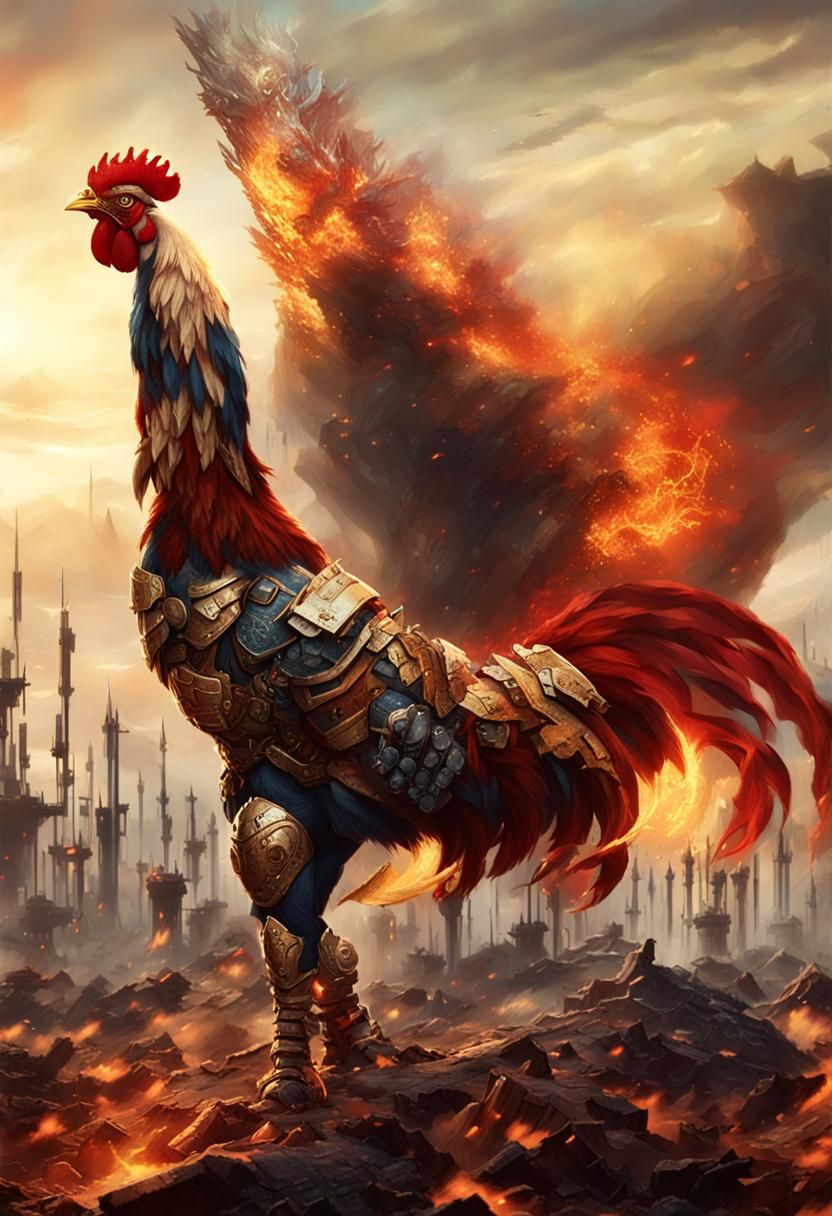 Fantasy Warrior Rooster in Battlefield, Detailed Matte Paint...