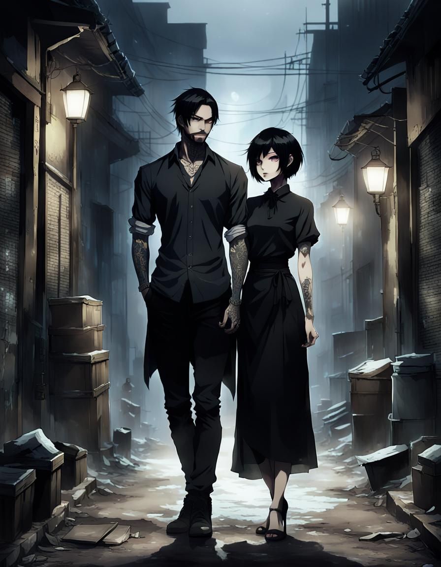Tattooed Couple in Foggy Alley, Anime Style