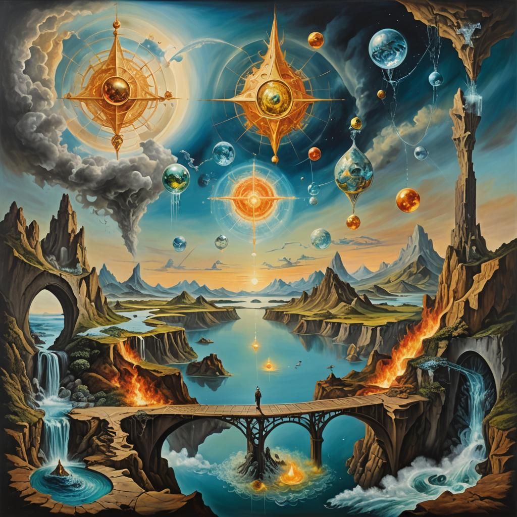 Surreal Journey Through Interconnected Worlds as Oil Paintin...