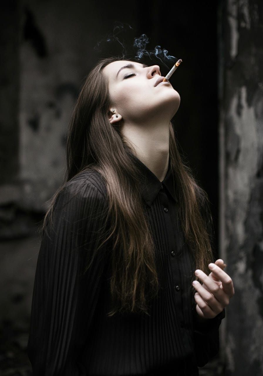 Moody Portrait of Woman with Cigarette in Urban Decay