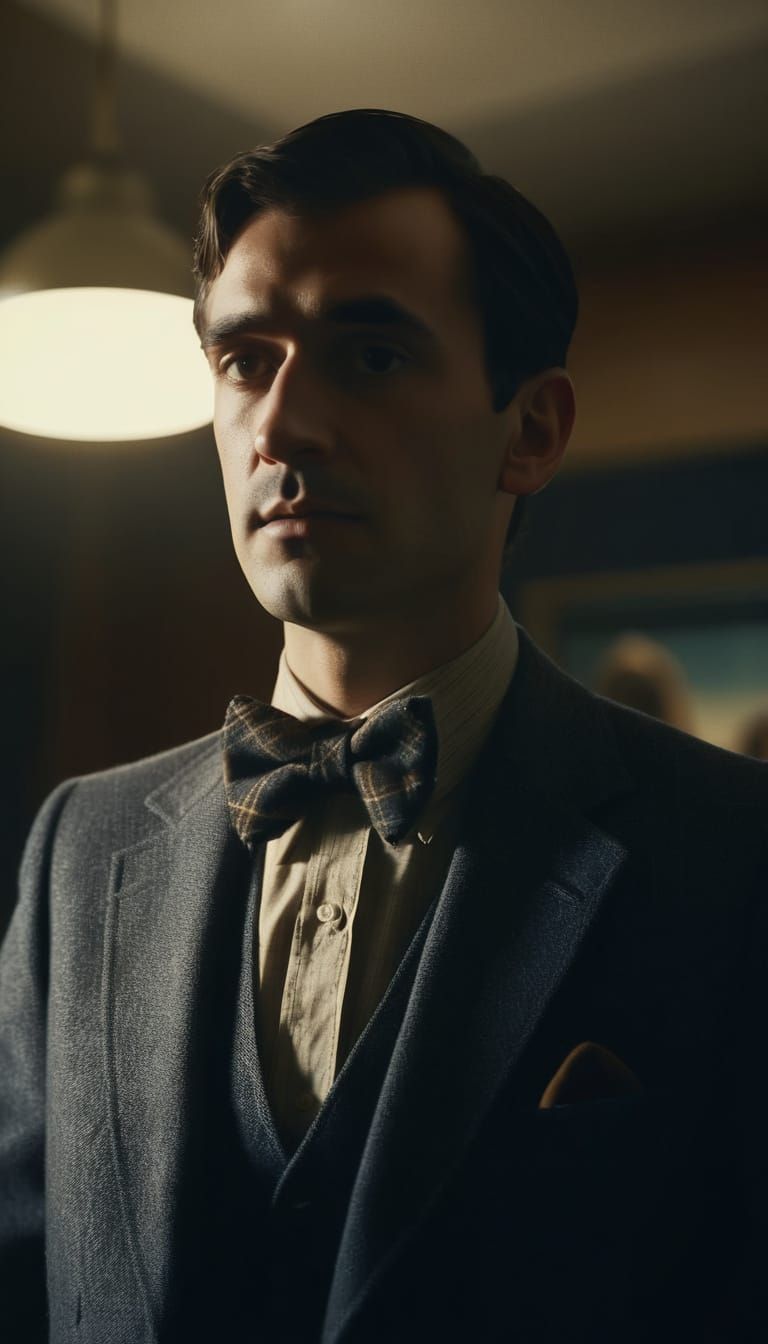 1920s Journalist in Dark Gray Suit with Tartan Bow Tie