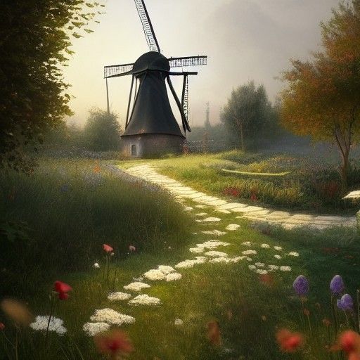 Enchanted Flower Garden with Windmill, Hyperdetailed Digital...