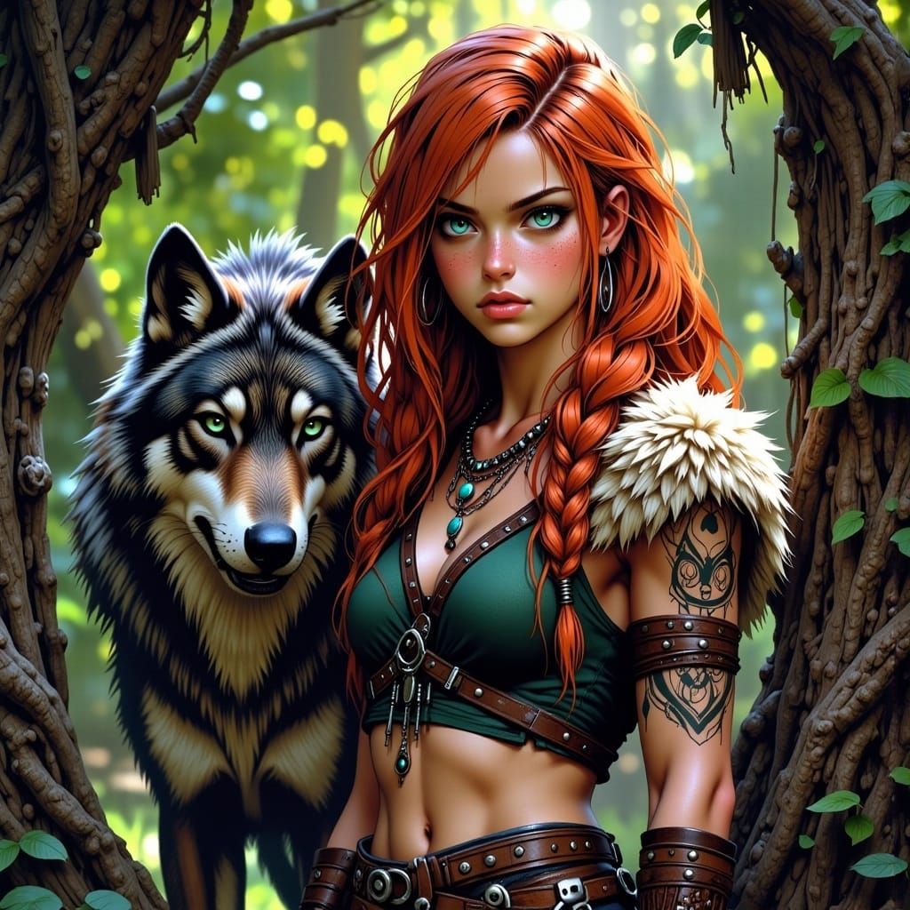 Fiery Ranger and Dire Wolf in Anime Style