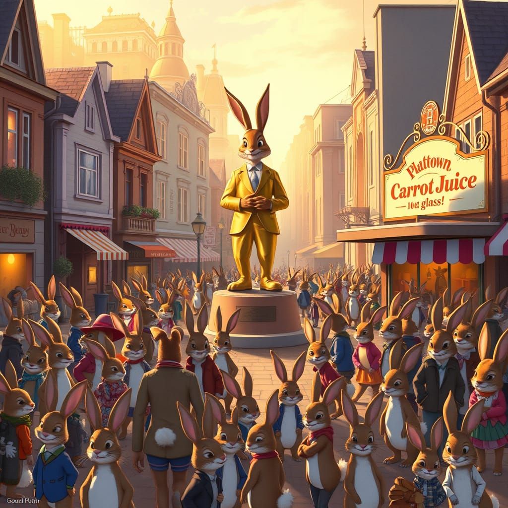 Whimsical Rabbittown Square with Golden Statue