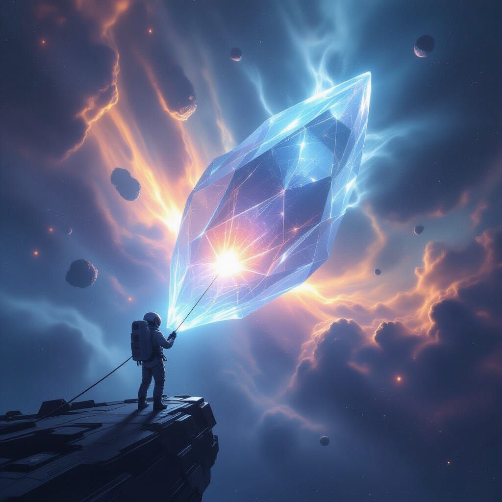 Astronaut Tethered to Alien Structure in Cosmic Nebula