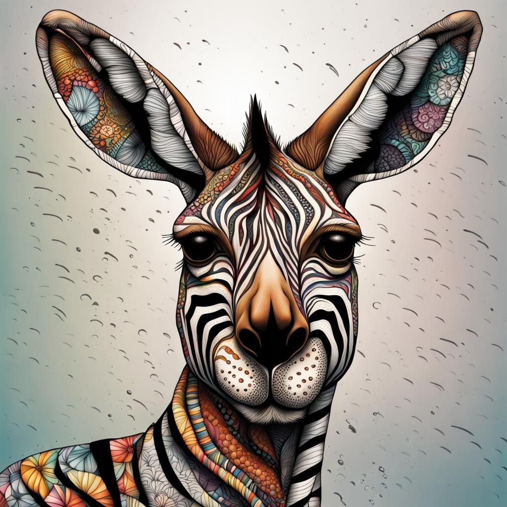 Hyperrealistic Zentangle Kangaroo Zebra Splash Art