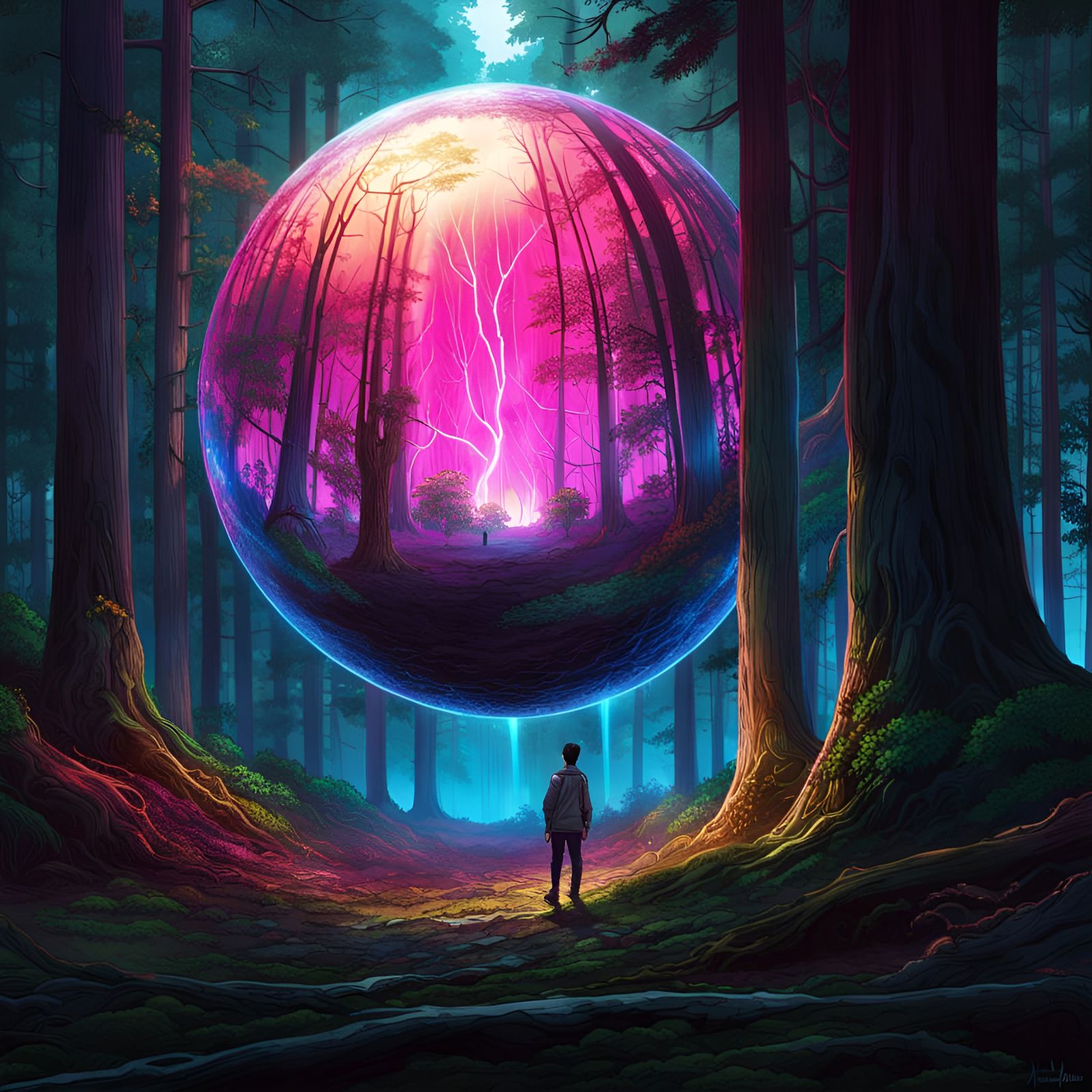 Glowing Orb in Forest: Surreal Digital Illustration