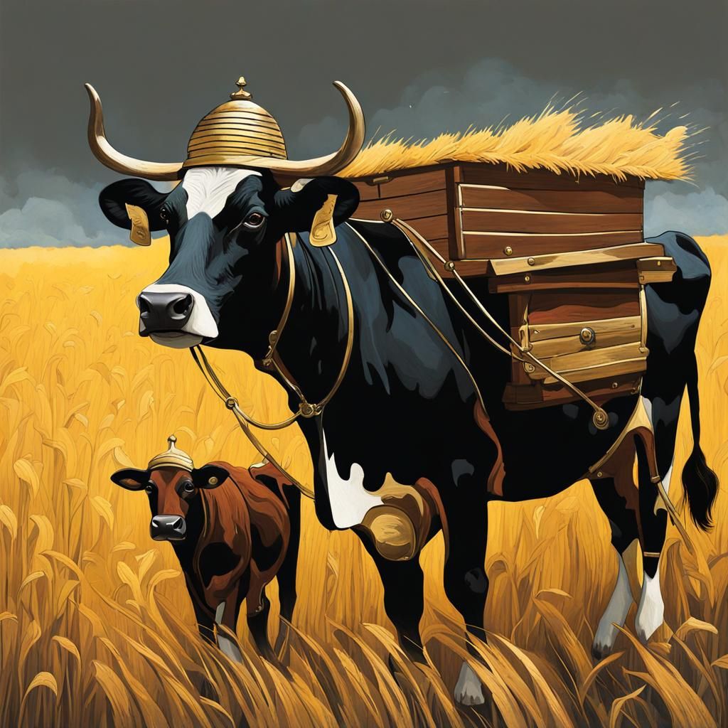 Clockwork Cow in Countryside, Art Nouveau Style
