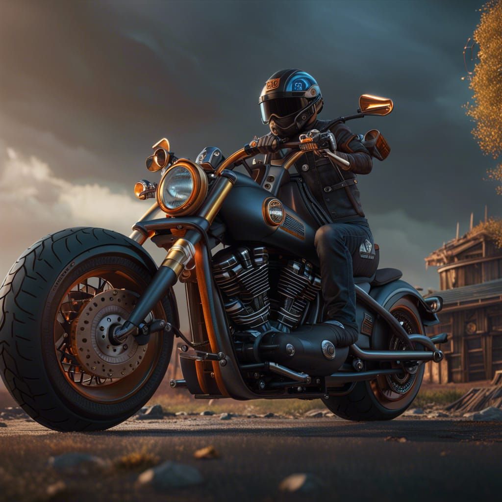Biker on Harley Davidson in Detailed Matte Painting