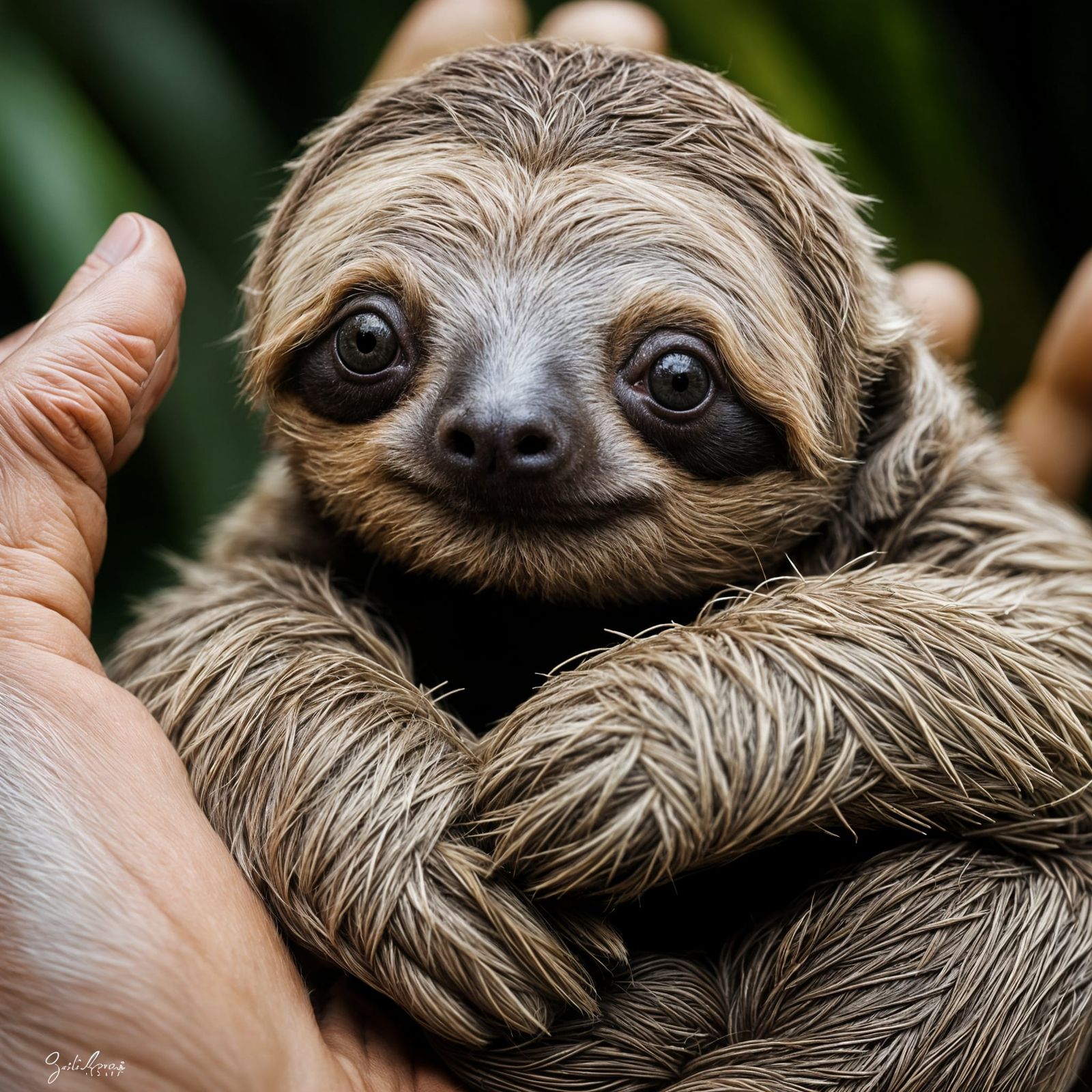 Cute Baby Sloth in Palm: Photorealistic Close-Up