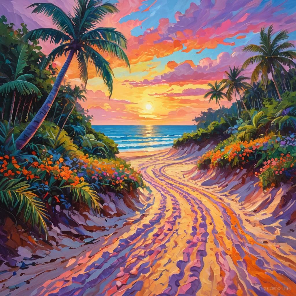 Beach Paradise Path: Neo-Impressionist Oil Painting