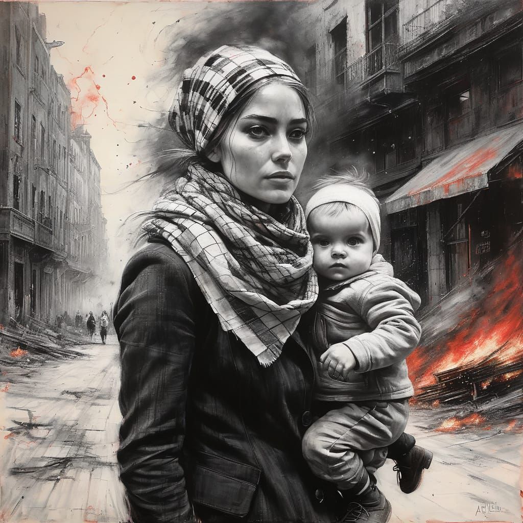 Heroic Woman Fleeing Burning City in a Charcoal and Pencil D...