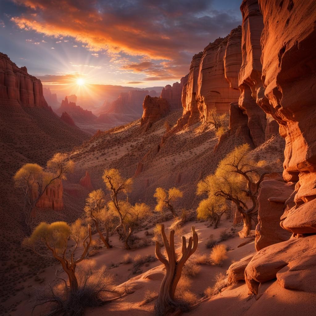 Desert Canyon Sunrise with Ancient Cliff Dwellings