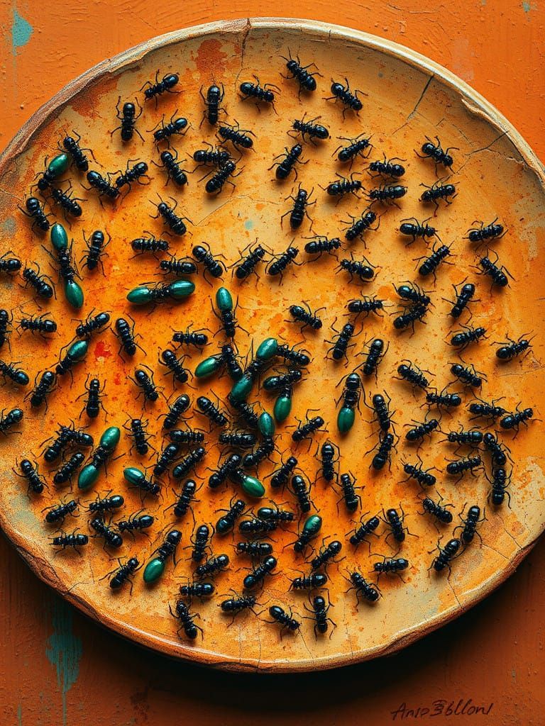 Intricate Patterns of Iridescent Ants on a Weathered Plate