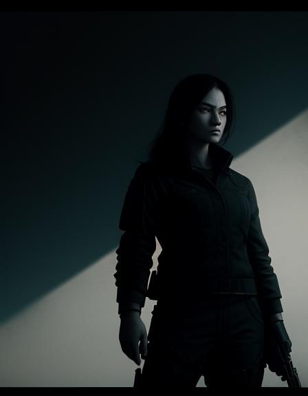 Girl with Gun and Rose in Dramatic Shadow