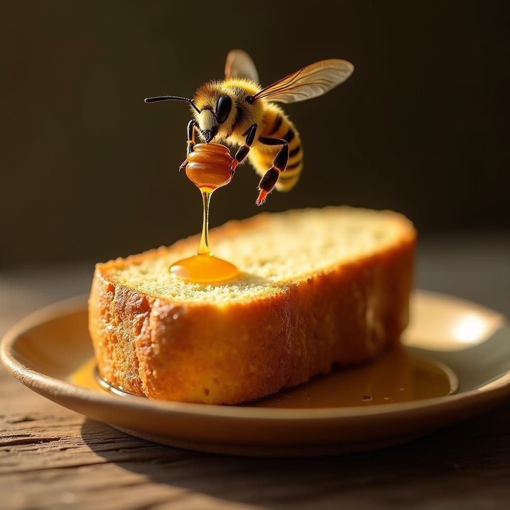 Hyperrealistic Honeybee and Bread Slice with Honey Pot