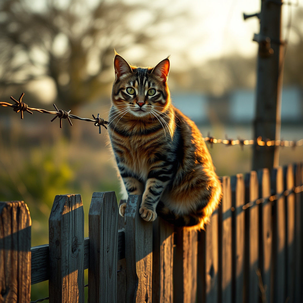 Brown Tabby Cat on Barbed Wire Fence
