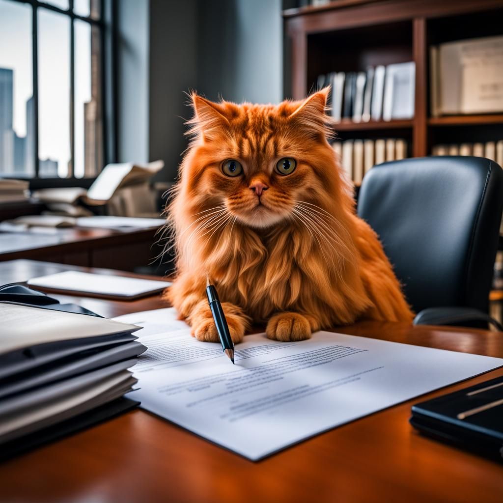 Orange Persian Cat Signs Documents in New York Office