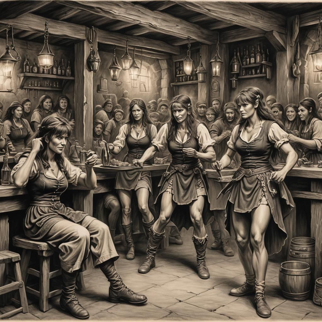 Conan Era Tavern Scene Charcoal Drawing