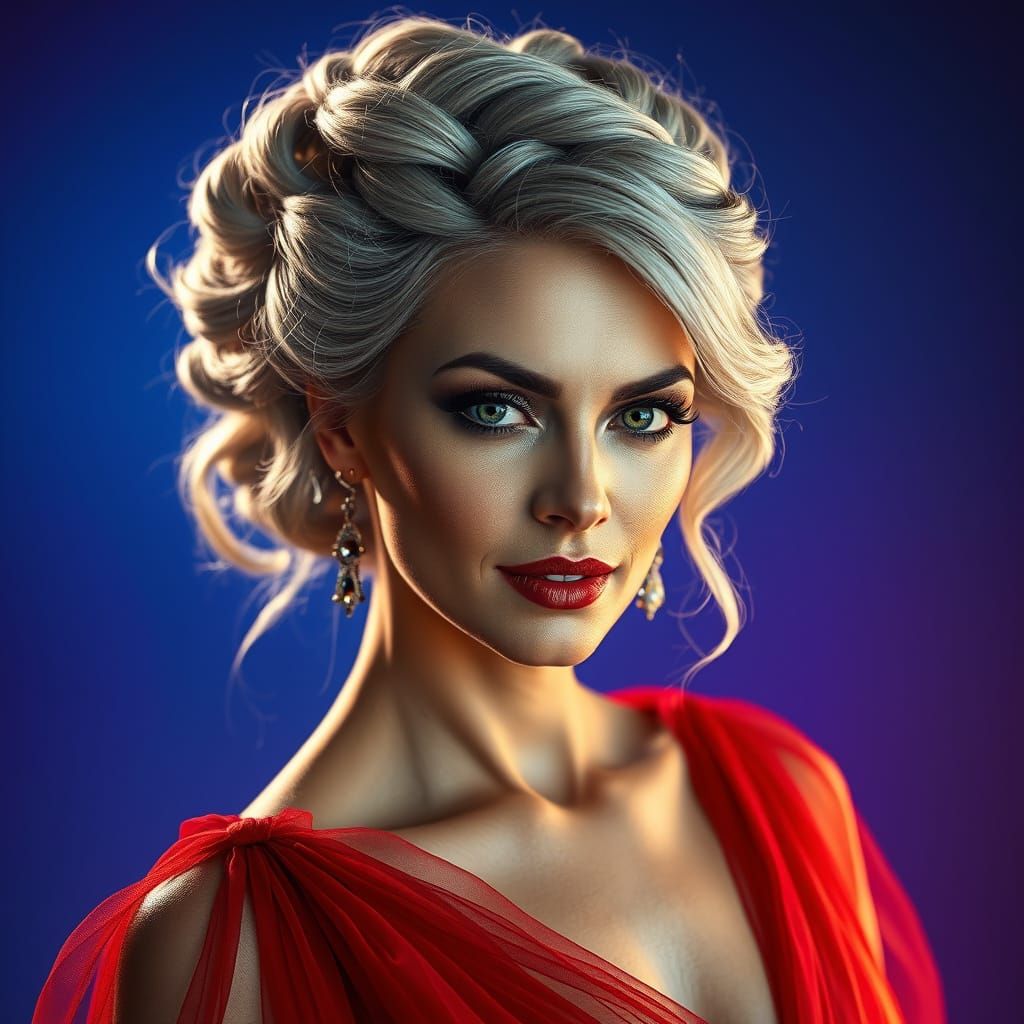 Elegant Regal Woman in Red Evening Gown