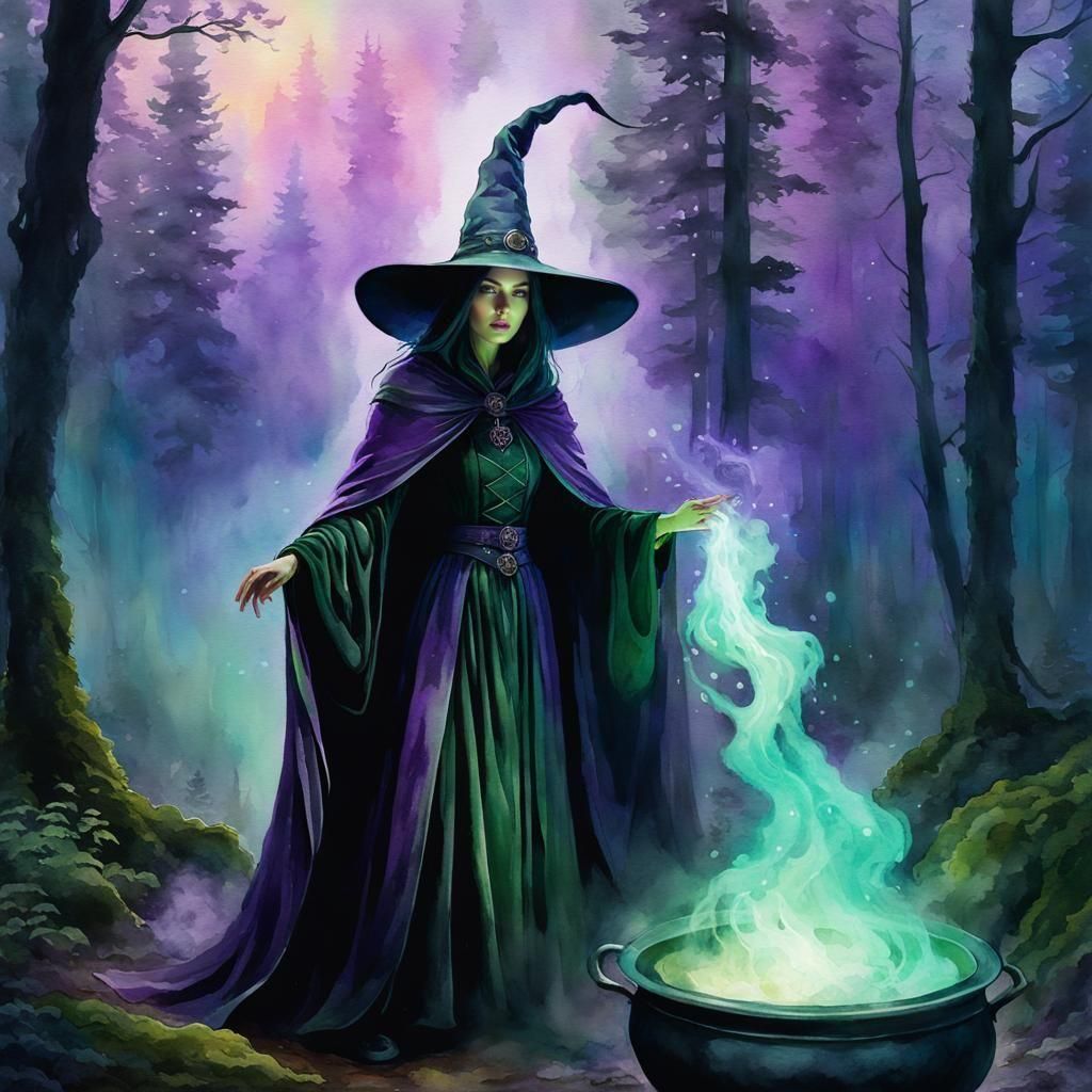 Magical Witch Casting Spell: Watercolor Fantasy Art