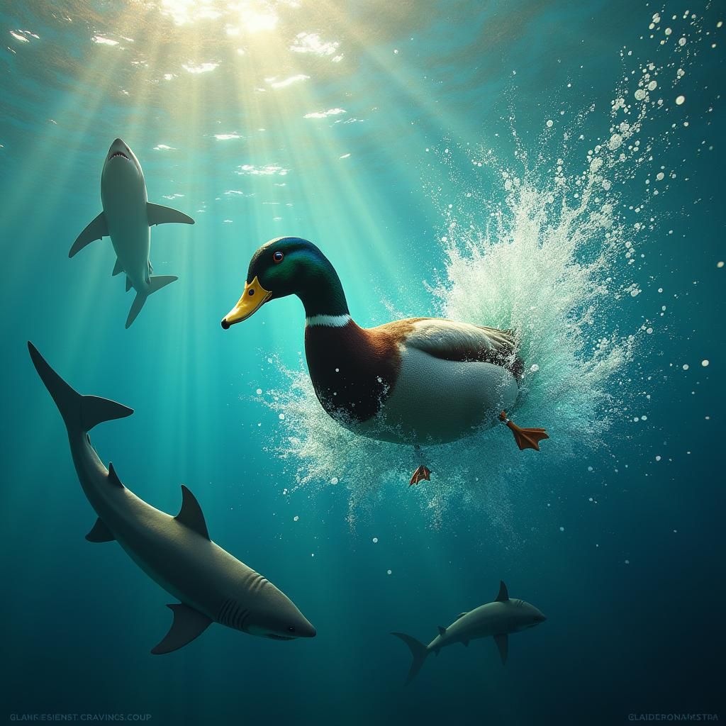 Duck's Escape from Sharks in Iridescent Ocean