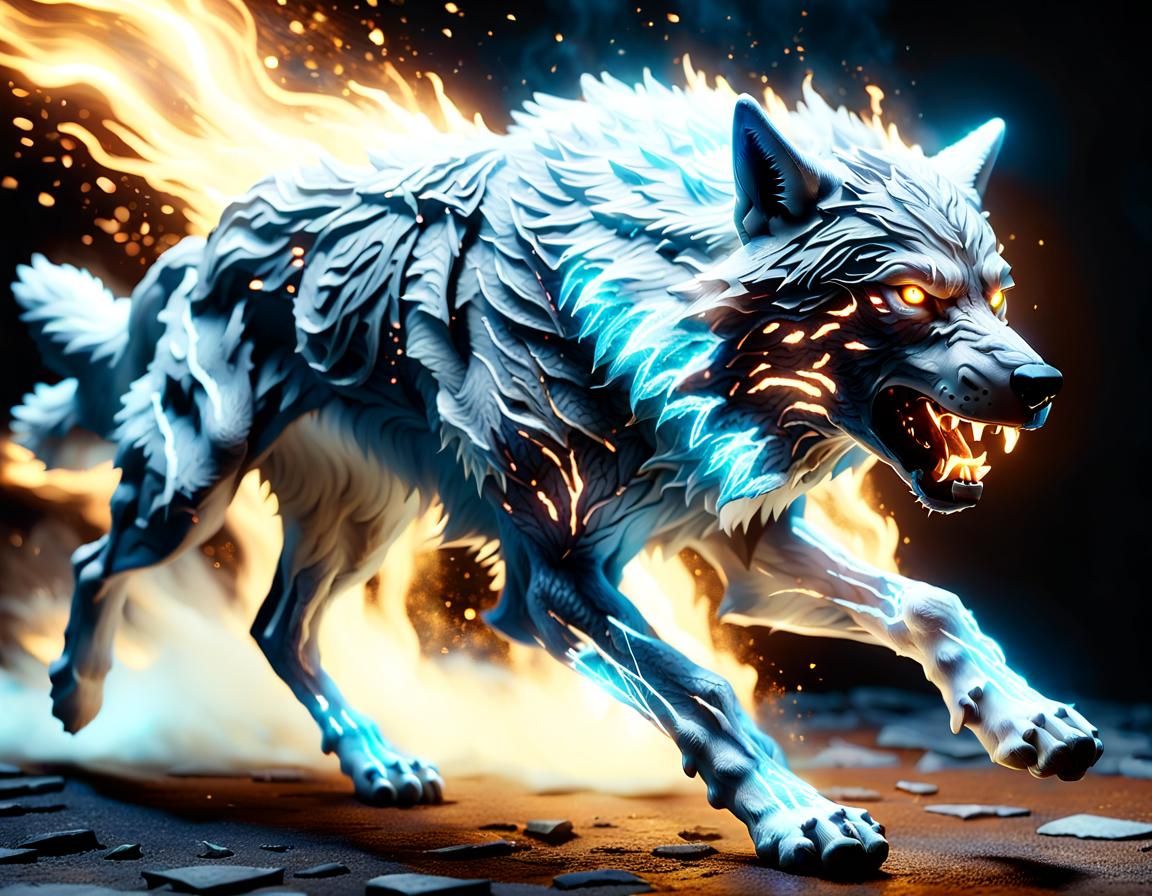 Epic Frostwolf Running, Photorealistic CGI Masterpiece