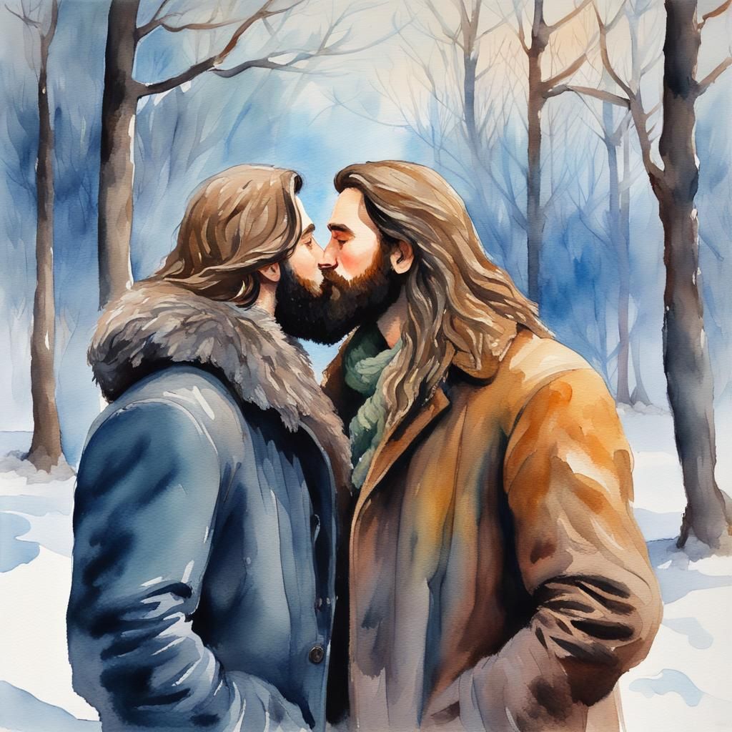 Bearded Lovers Kissing in Winter Watercolor