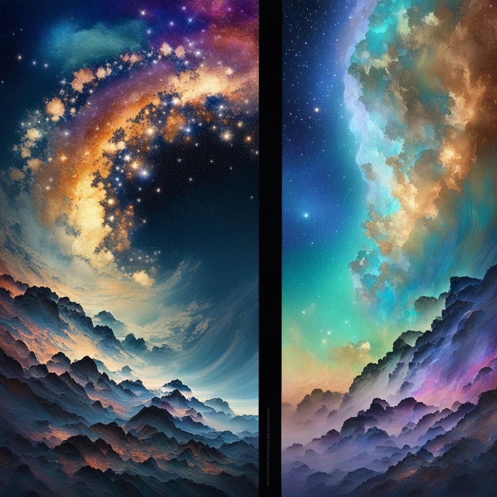 Geisha and Milky Way Split Face in Impressionistic Style