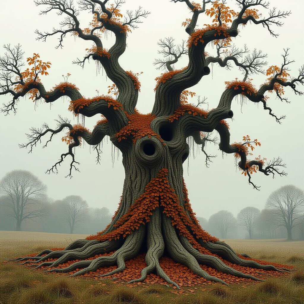 Gnarled Oak Tree in Mystical, Whimsical Style