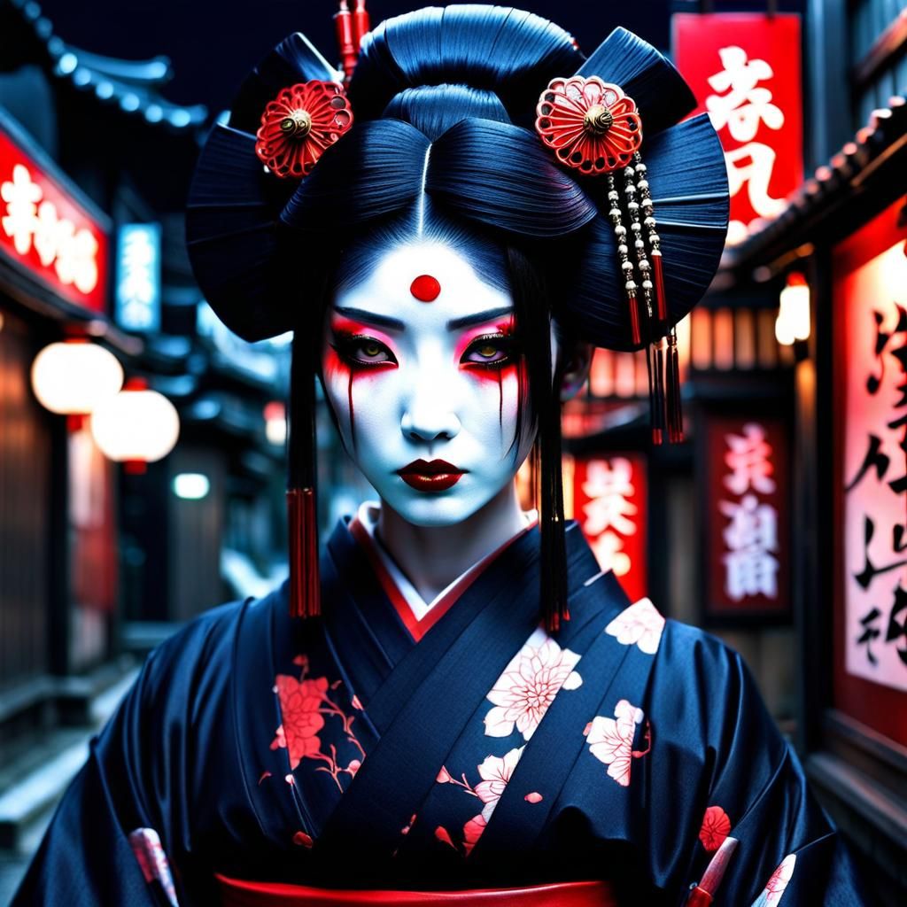 Harajuku Geisha in Dark Anime Style with Neon